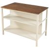 Solid Wood Rustic 45" Stationary Kitchen Island, Rubber Wood Butcher Block Dining Table Prep Table with 2 Open Shelves for Small Places,Walnut+Cream W